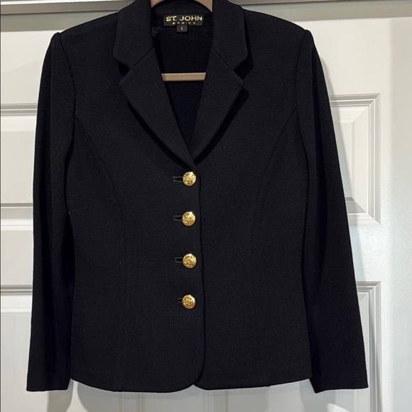 St. John Black Women's hip length knit Blazer with St John’s famous gold buttons - Picture 2 of 11